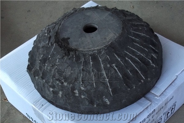 China Pure Black Polished Granite Round Sinks with Natural Outer