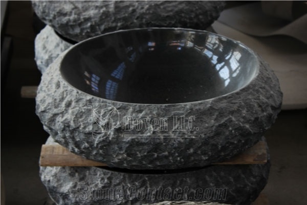 Shanxi Black Round Basins with Inner Polished & Outer Nature, Shanxi Black Granite Round Sinks