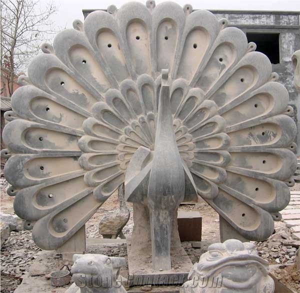 Blue Limestone Peacock Sculpture, Cock Statue