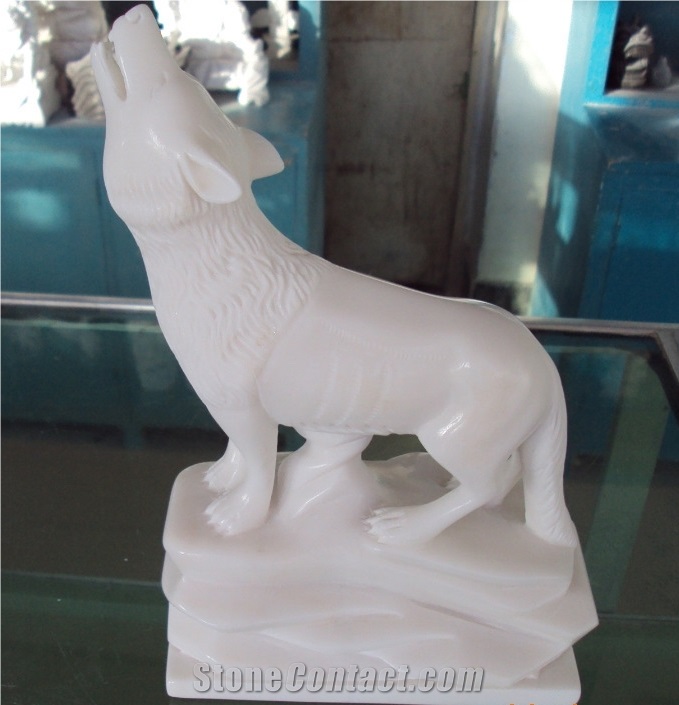 White Marble Dog Carving, Wolf Carving Statue