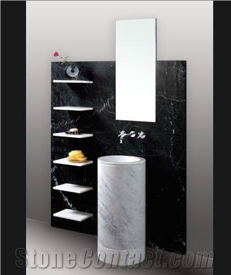 Bianco Venato Gioia Marble Pedestal Wash Basin, Black Pearly Marble Backsplah Sink