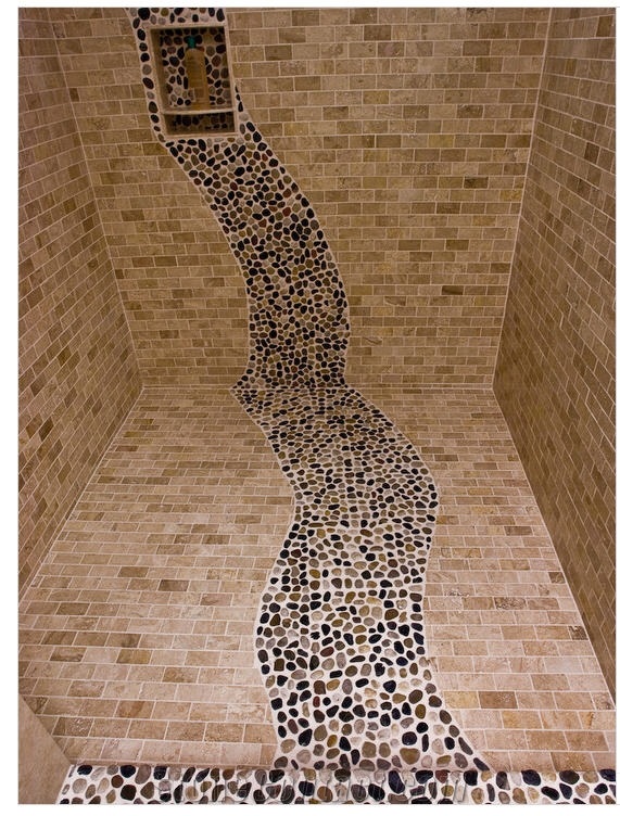 Light Emperador Marble and Pebble Stone Mosaic, Shower Design