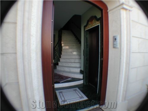 Scala in Verde Guatemala Marble, Calacatta Crema White Marble Stairs & Steps