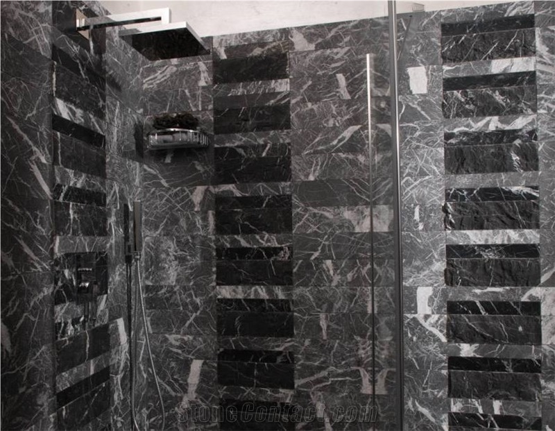 Nero Marquina Marble Shower Wall Covering Slabs & Tiles, Spain Black Marble