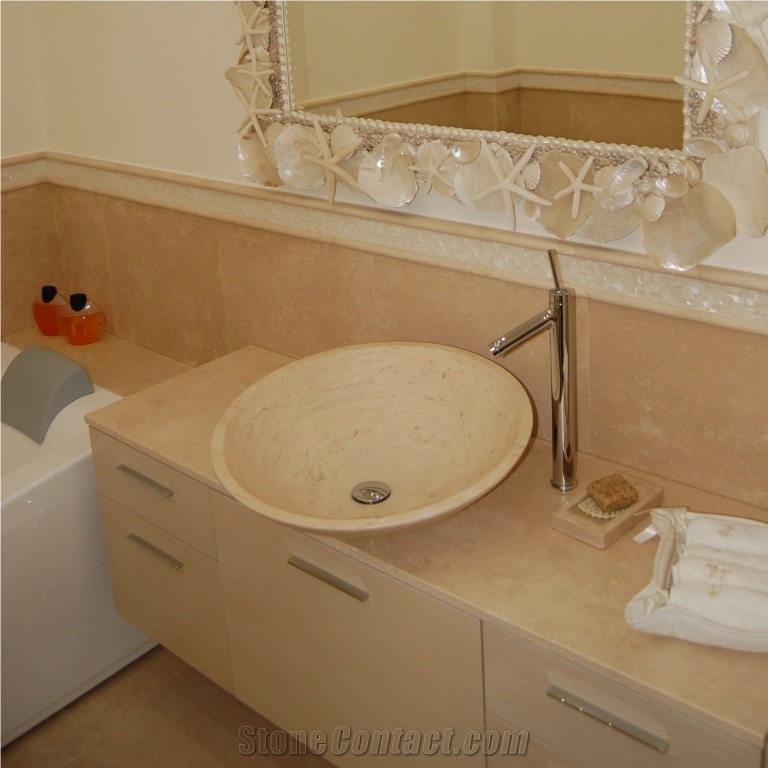 Travertino Classico Brushed Bathroom Design, Solid Washbasin