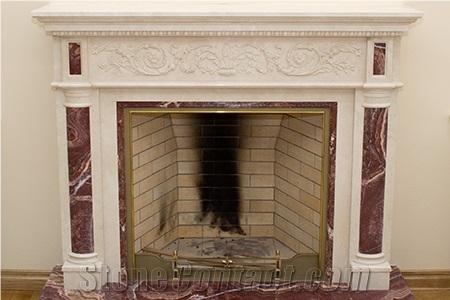 Crema Marfil Marble and Rosso Levanto Marble Fireplace