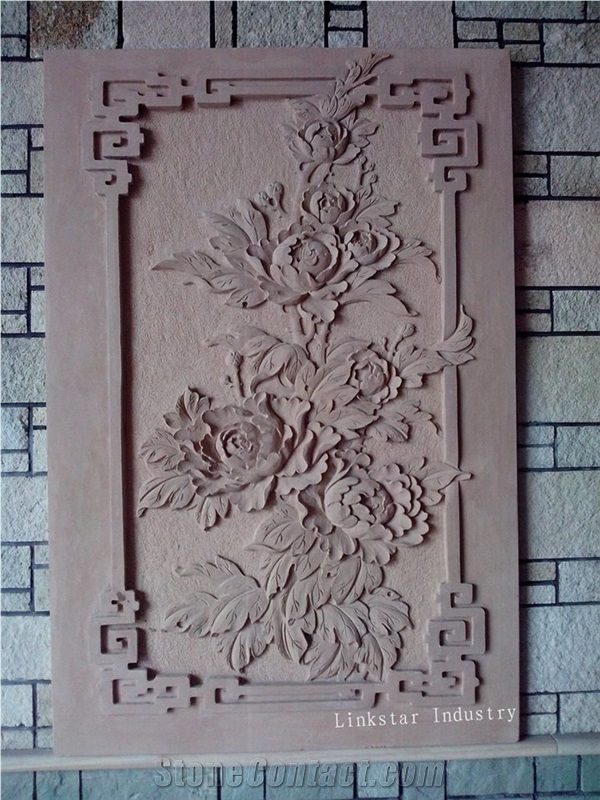 3d Natural Sandstone Flower Motif Walling Panel Design, Pink Sandstone Walling