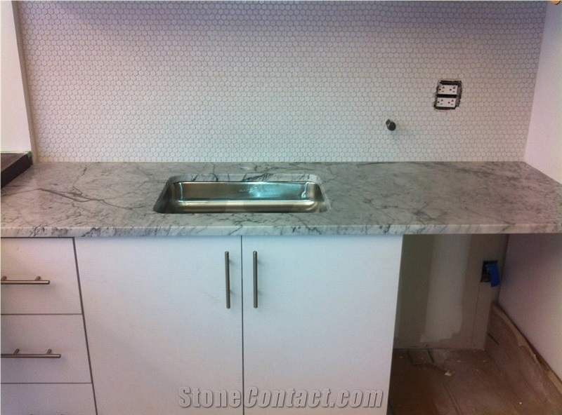 Pantry Countertop Bianco Gioia Marble with -Penny Round Mosaic Backsplash