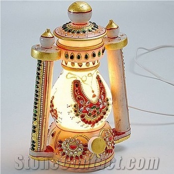 Handcrafted Cutwork Marble Lantern with Gold Paint and Kundan Work, Marble Lamp, Marble Lamp Manufacturers, Marble Lamp, Marbil Yellow Marble Home Decor