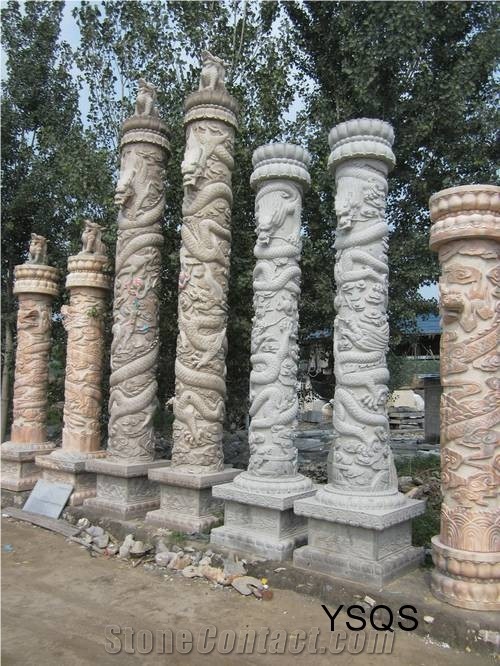 Custom Outdoor Ornamental Hand Carving Stone Columns, Red Marble Columns