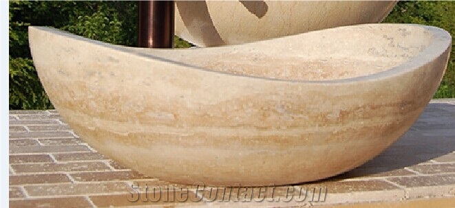Beige Travertine Carved Wash Bowls Vessel Sinks Oval Basins for Interior Decoration