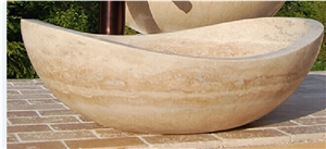 Beige Travertine Carved Wash Bowls Vessel Sinks Oval Basins for Interior Decoration