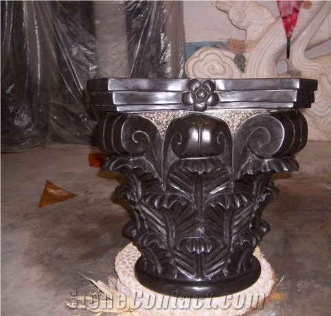 Chinese Black Marble Carved Roman Style Corinthian Column Tops
