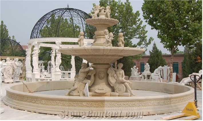 G682 Sunset Gold Granite Carved Gods & Angels Double Plates Sculptured Fountains Exterior Fountains for Plaza / Piazza / Square 