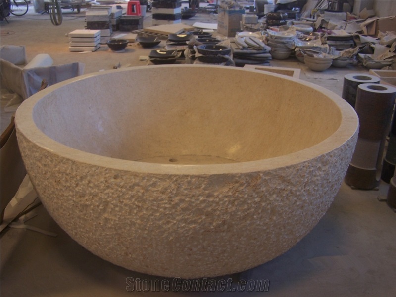 Natural Selvia Beige Marble Carved Round Bathtubs