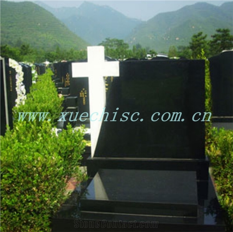 American Style Shanxi Black Granite Cross Shaped Tombstone