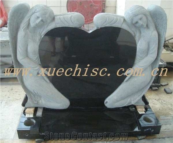 Popular Absolute Black Granite Double Angel Monuments