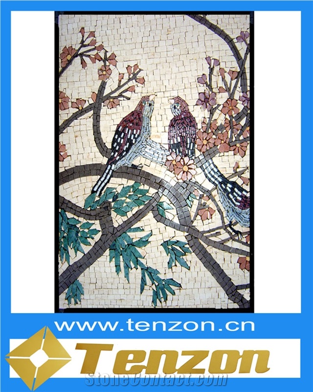 Chinese Paiting Pair Of Lovebirds Mosaic Arts, Amazonia Brown Marble Mosaic