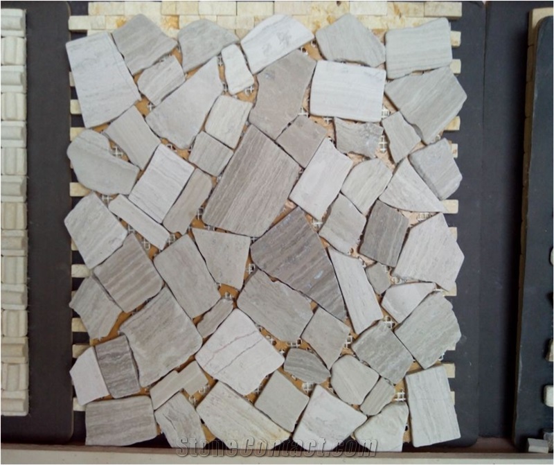 Irregular Design Of Grey Serpeggiante Mosaic Tile, White Wooden Mosaic Tile