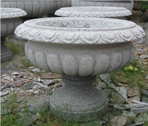 Natural Stone Carved Flower Pot, Grey Granite Flower Pots