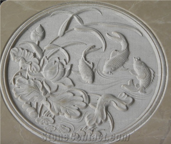 Natural Stone Hand Carved Sculpture Of Fishes and Lotus Relief & Etching