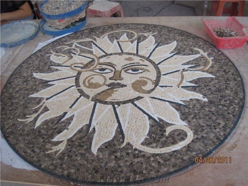 Round Beige and Dark Marble Mosaic Tile