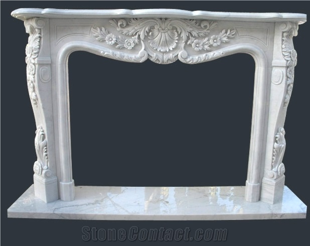 Simple White Marble Fireplace,Mantel with flower 