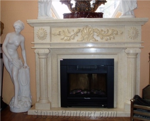 Western Beige Marble Flower Carved Fireplace with Pillars/Column .