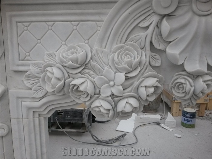 White Marble Fireplace Mantel,Modern Fireplace Mantel,Flower Handcarved Stone Fireplace Mantel