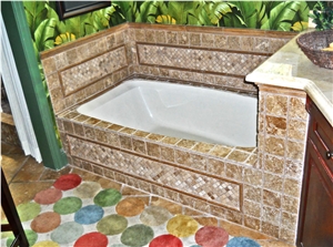 Standard tub clad with tumbled travertine 