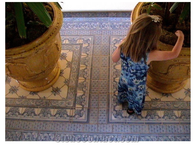 Aged Portuguese Faience Ceramic Floor Tiles