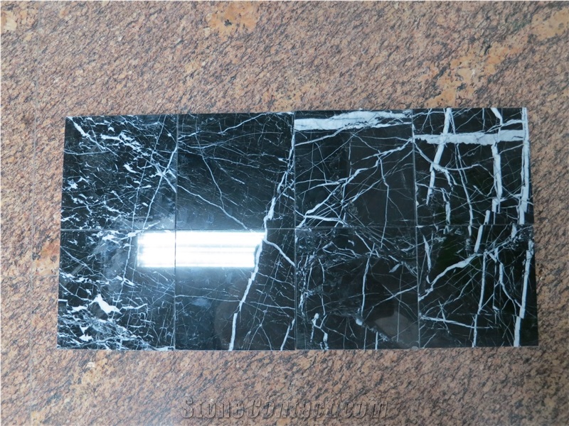 White Stripe in Black Marble, China Black Marquina Marble Tiles