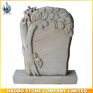 Tree Design Tombstone, China Wooden Beige Sandstone Monument & Tombstone
