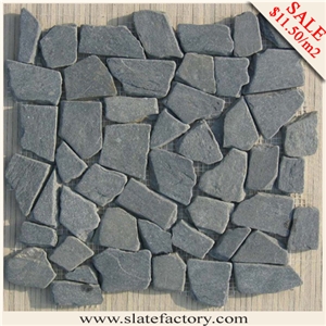 Black Color Tumbled Stone Mosaic Tile, China Black Slate Mosaic