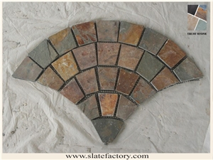 Fan Shape Mesh Stone Paving, Fan-Shaped Slate Paver Stone on Mesh, China Brown Slate Cube Stone & Pavers