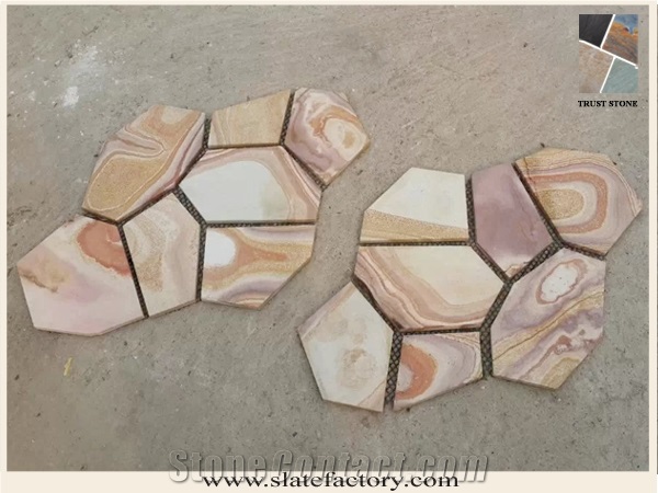 Rainbow Sandstone Flagstone, Meshed Paving Stone 7pieces Type
