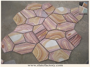 Sandstone Flagstone on Mesh, Cheap Meshed Paving Stone 7pieces Type, Rainbow Sandstone Flagstone