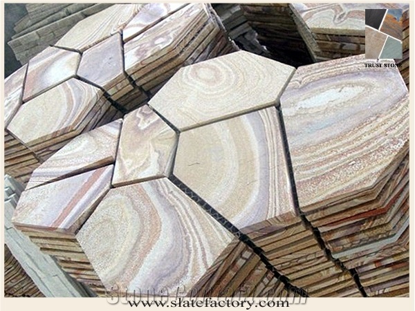 Sandstone Flagstone on Mesh, Cheap Meshed Paving Stone 7pieces Type, Rainbow Sandstone Flagstone