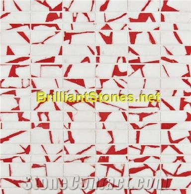Dotted Light Red Crystal White Marble Mosaic