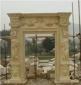 Chinese Beige Sandstone Carved Athena & Flower Decoration Fireplace Mantel & Fireplace Frame for Hotel Villa House Interior
