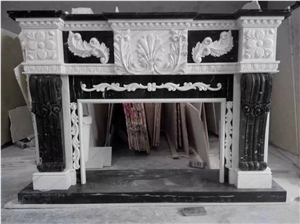 Chinese Pure White Marble & Black Marquina Marble Carved Grass Decoration Fireplace Mantel Frame for Hotel Villa House Interior