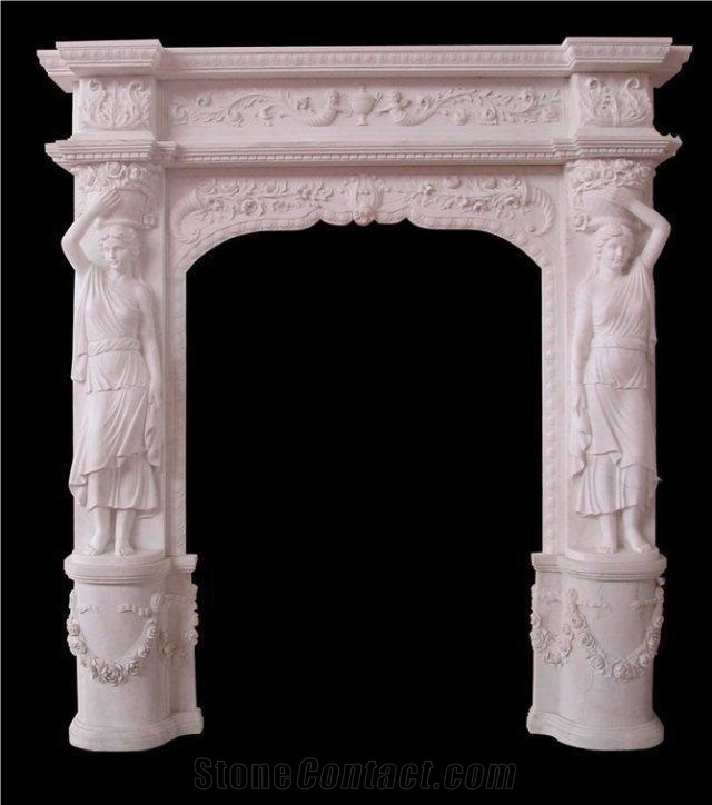 Chinese Pure White Marble Carved Girls Sculpture & Rose Decoration Fireplace Mantel / Fireplace Frame for Hotel Villa House Interior