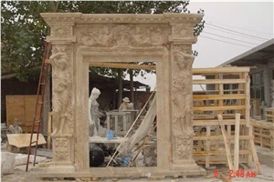 Egypt Beige Marble Carved Athena & Flower Decoration Fireplace Mantel Fireplace Frame for Hotel Villa House Interior