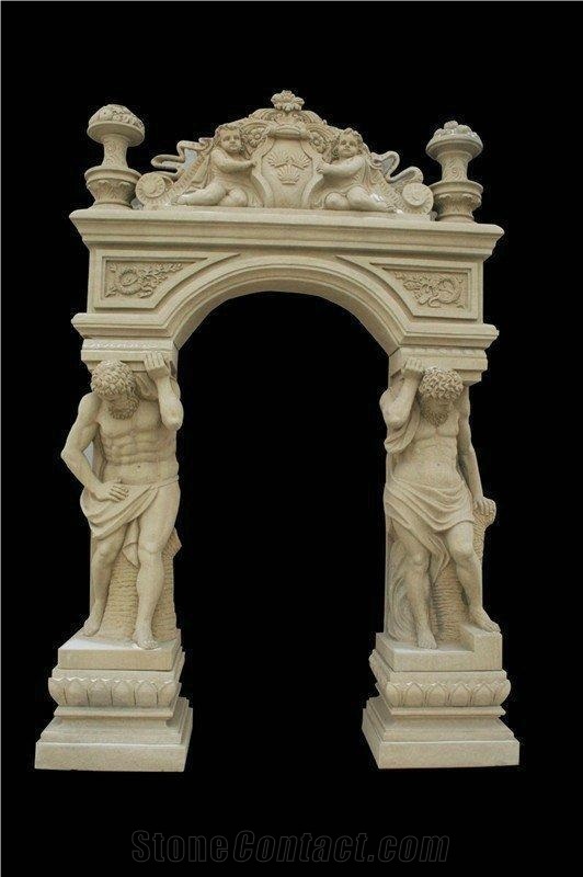 Egyptian Beige Marble Carved Gate Of Hercules Shape & Angels Decoration Fireplace Mantel Frame Surround for Hotel Villa House Interior