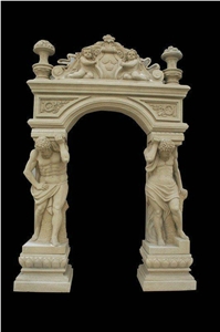 Egyptian Beige Marble Carved Gate Of Hercules Shape & Angels Decoration Fireplace Mantel Frame Surround for Hotel Villa House Interior