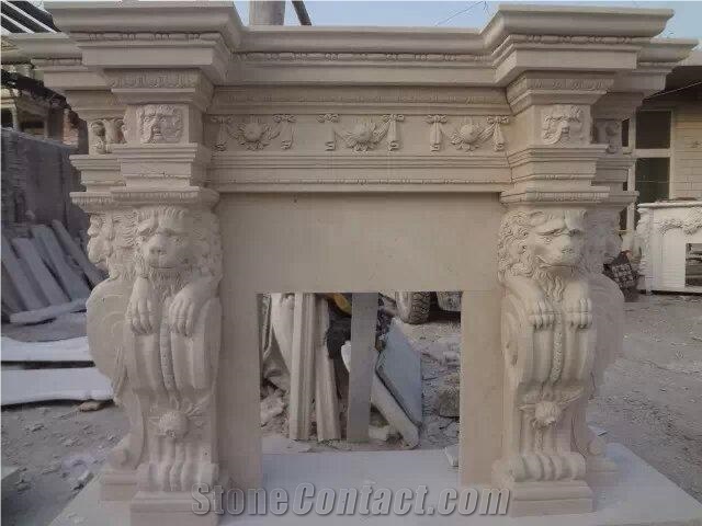 Natural Beige Sandstone Carved European Style Lion Head Fireplace Mantel Fireplace Frame Surround for Hotel Villa House Interior