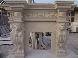 Natural Beige Sandstone Carved European Style Lion Head Fireplace Mantel Fireplace Frame Surround for Hotel Villa House Interior