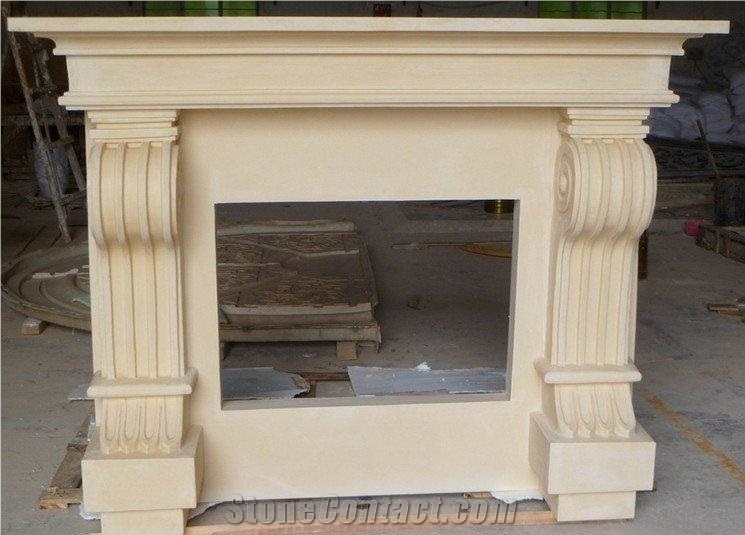 Natural Beige Sandstone Carved Simple Style Fireplace Frame Mantel for Hotel Villa House