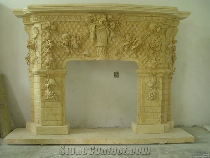Natural Egypt Gold Marble Carved Flower Decoration Fireplace Mantel Fireplace Insert for Hotel Villa House