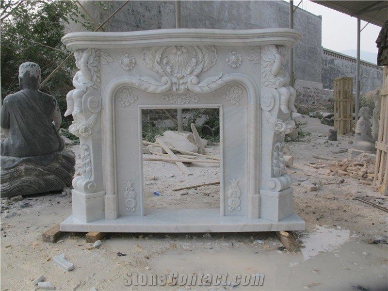 Natural Pure White Marble Carved Flower & Angels Decoration Fireplace Mantel Fireplace Insert for Hotel Villa House Interior